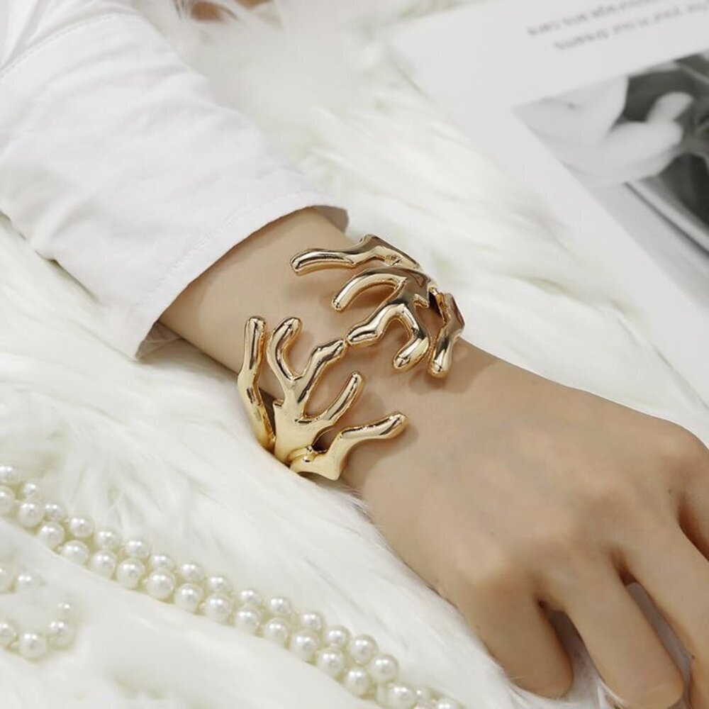 Trendy 18K Gold Plated Geometric Cuff Bangle for Women - Minimalist Open Design, - Picture 2 of 5